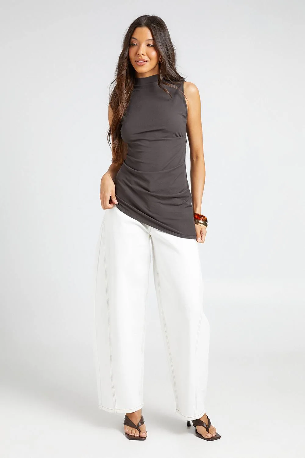 Super Soft Rib High Neck Ruched Asym Top by boohoo