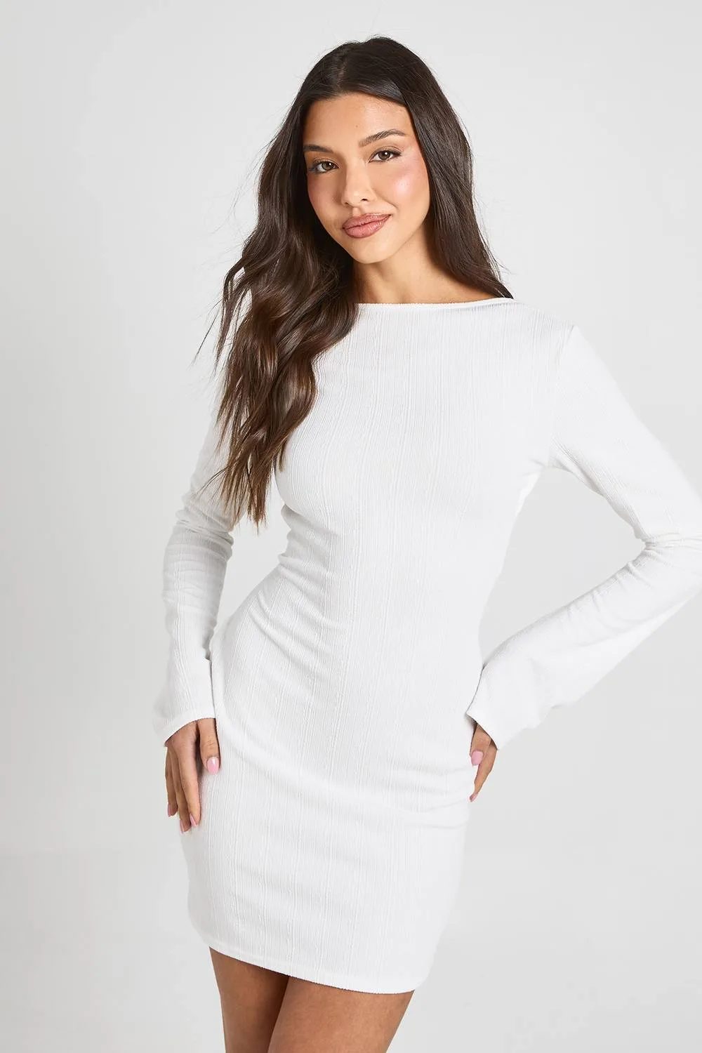 Crinkle Rib Flare Sleeve Tie Back Detail Dress by boohoo