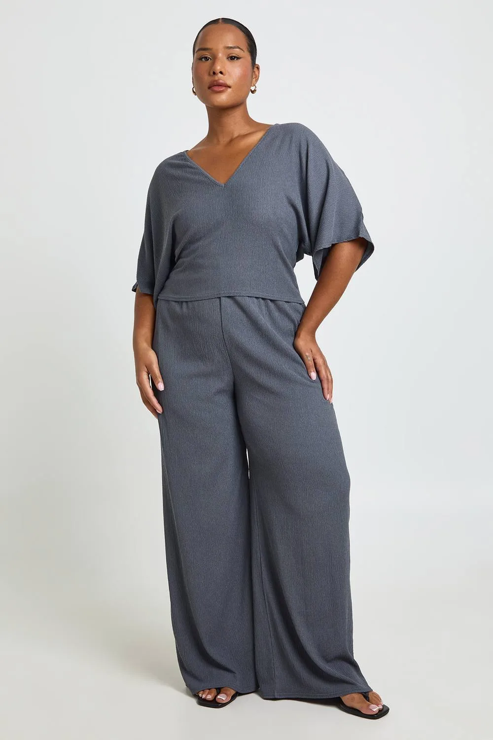 Textured V Neck Cinched Waist Top & Wide Leg Trouser Co Ord by boohoo
