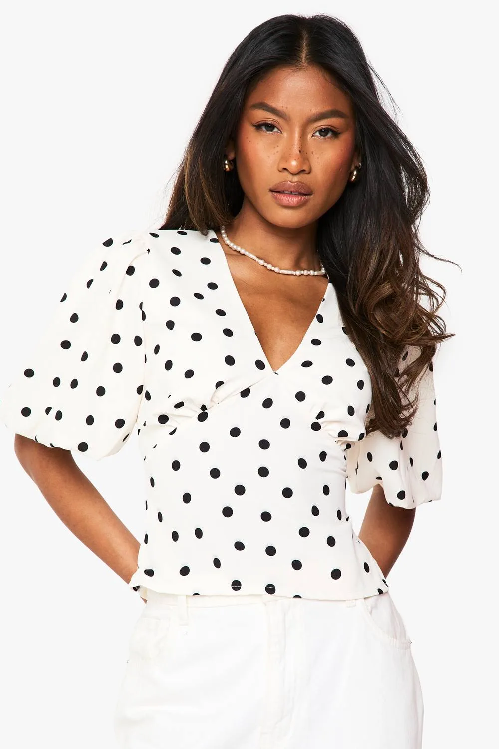 Satin Polka Dot Puff Sleeve Blouse by boohoo