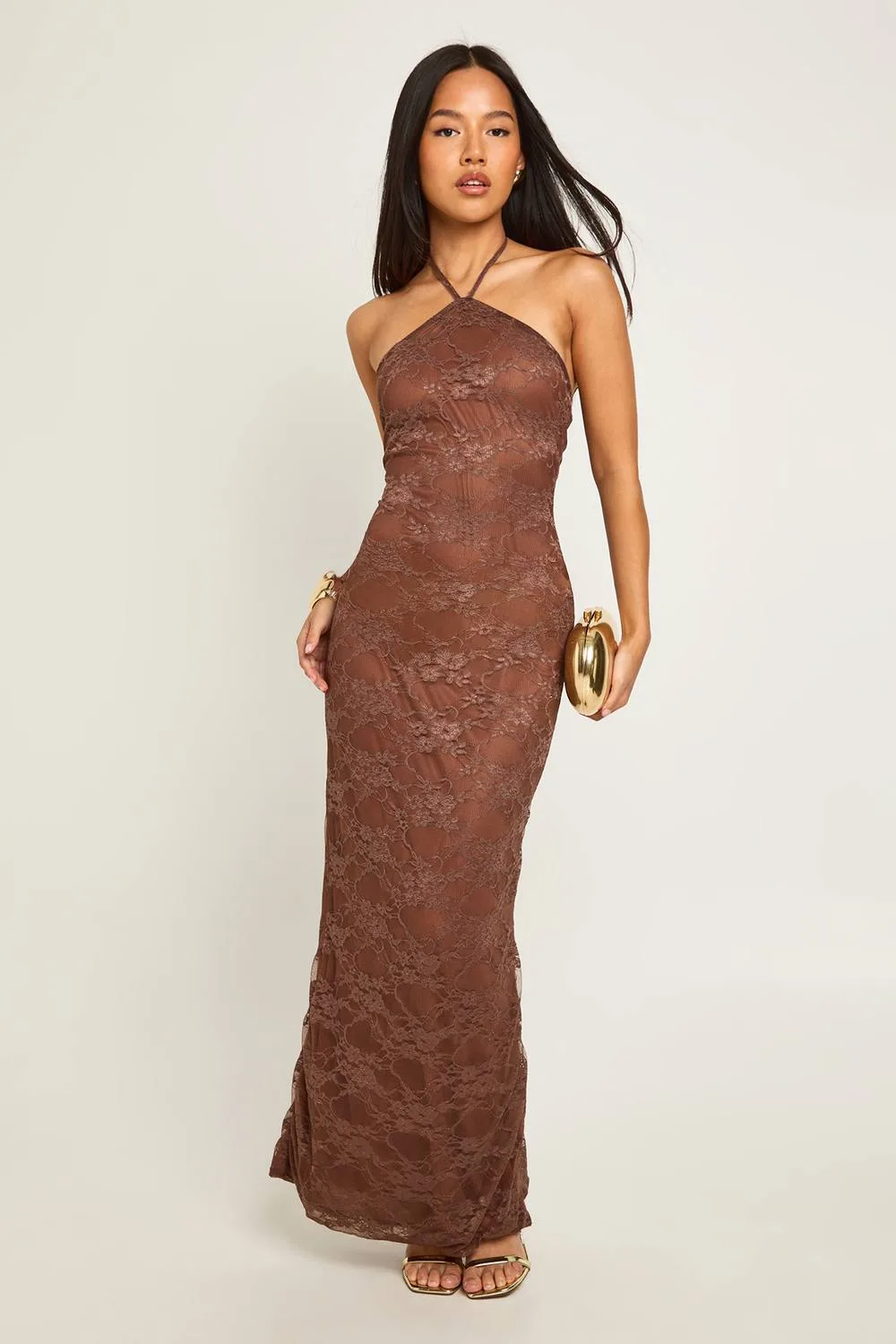 Lace Halter Neck Maxi Column Dress by boohoo