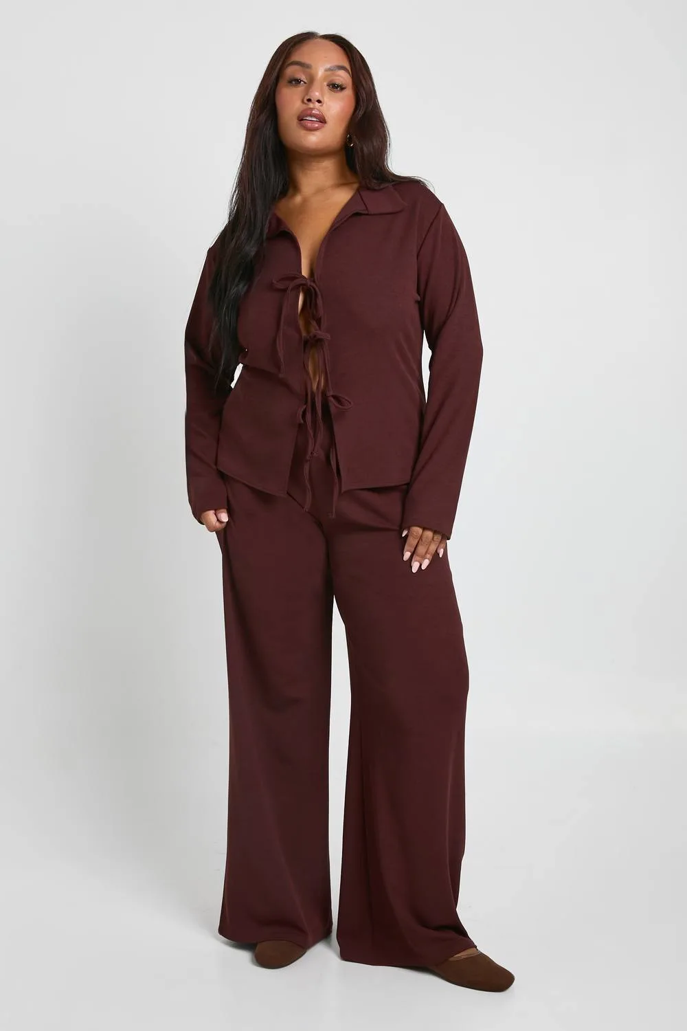 Tie Front Detail Long Sleeve Top & Wide Leg Trouser Co Ord