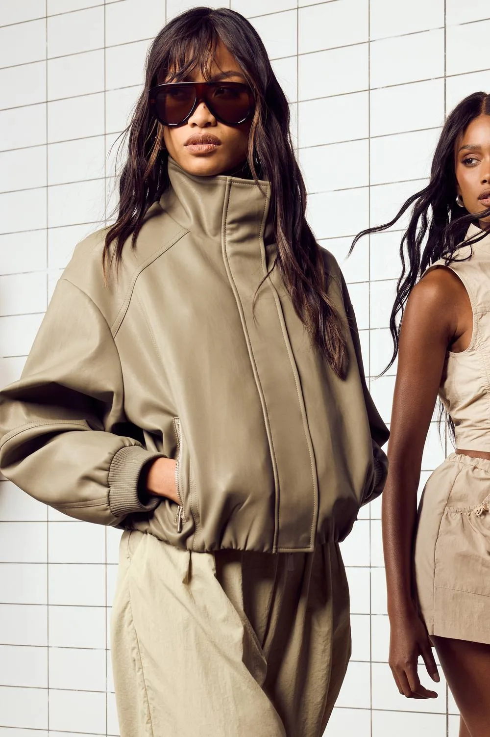 Funnel Neck Zip Pockets Faux Leather Jacket by boohoo