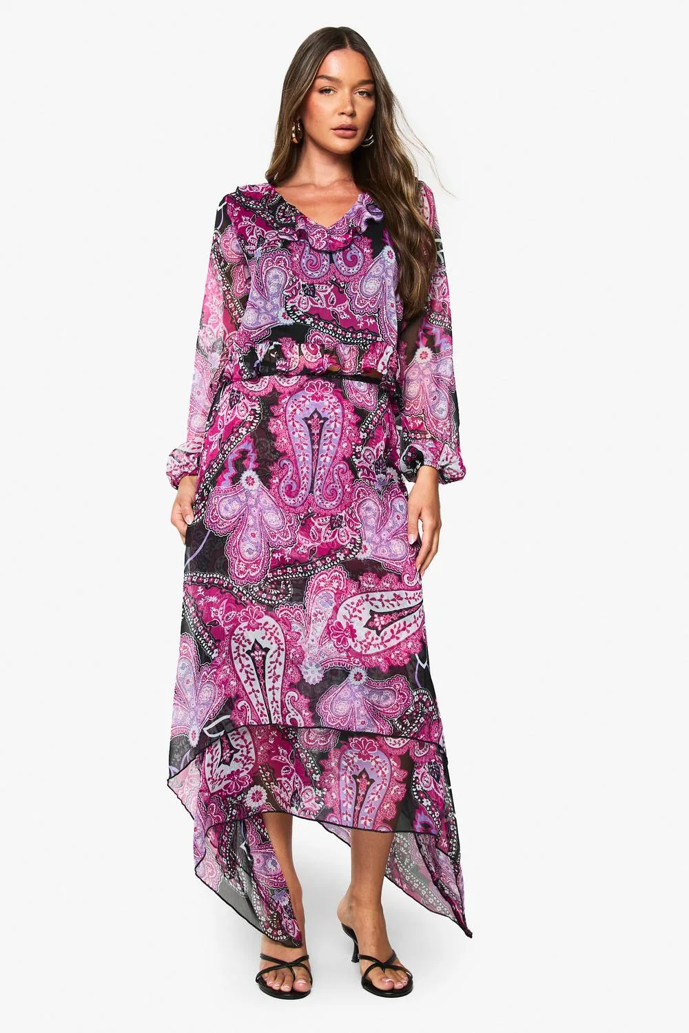 Paisley Chiffon Hanky Hem Midi Skirt by boohoo