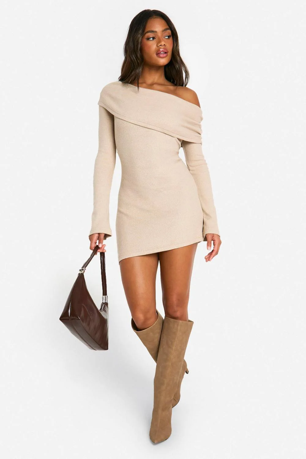 Brushed Rib Mini Long Sleeve Dress - Stone by boohoo