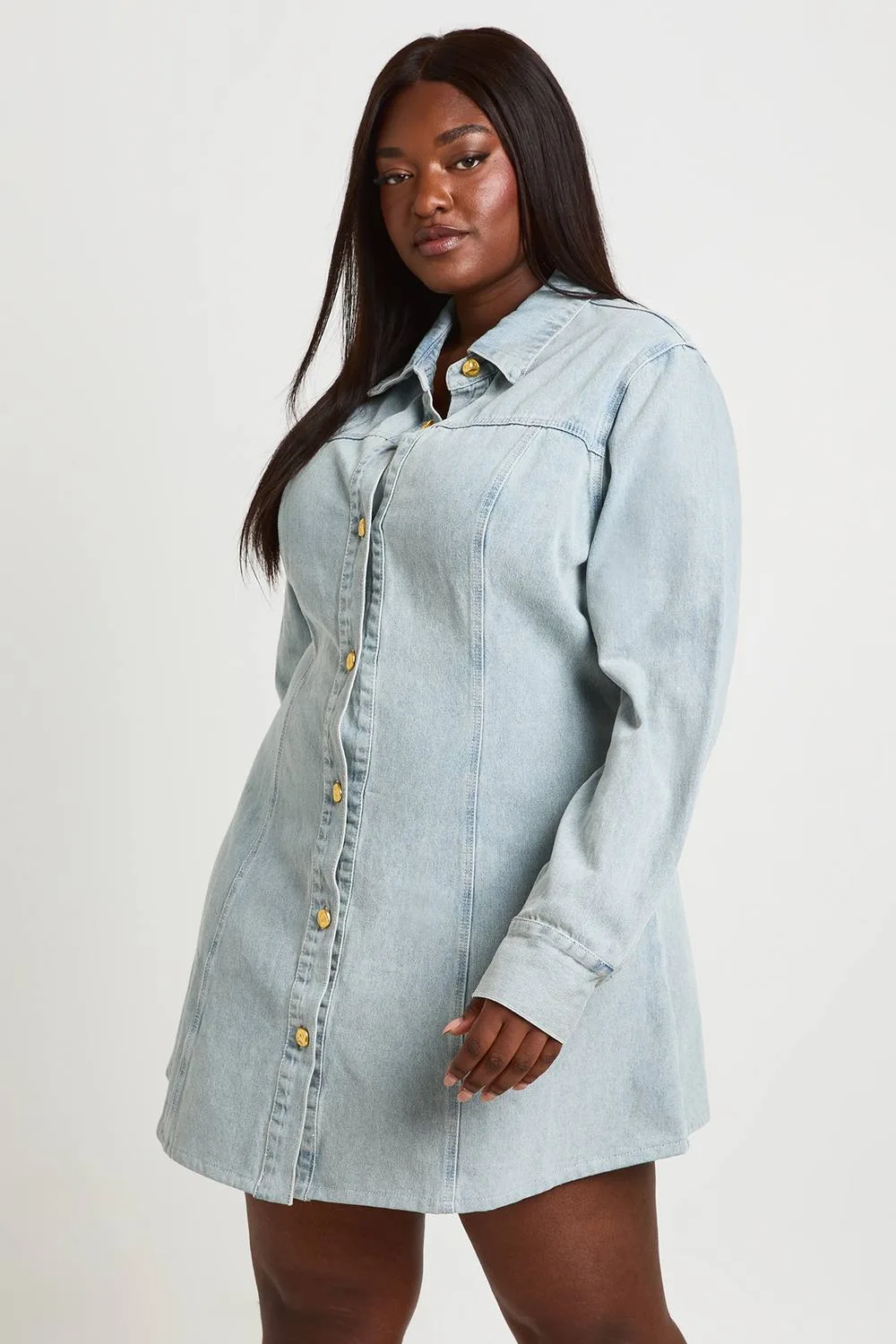 Gold Button Cinched Denim Dress by boohoo