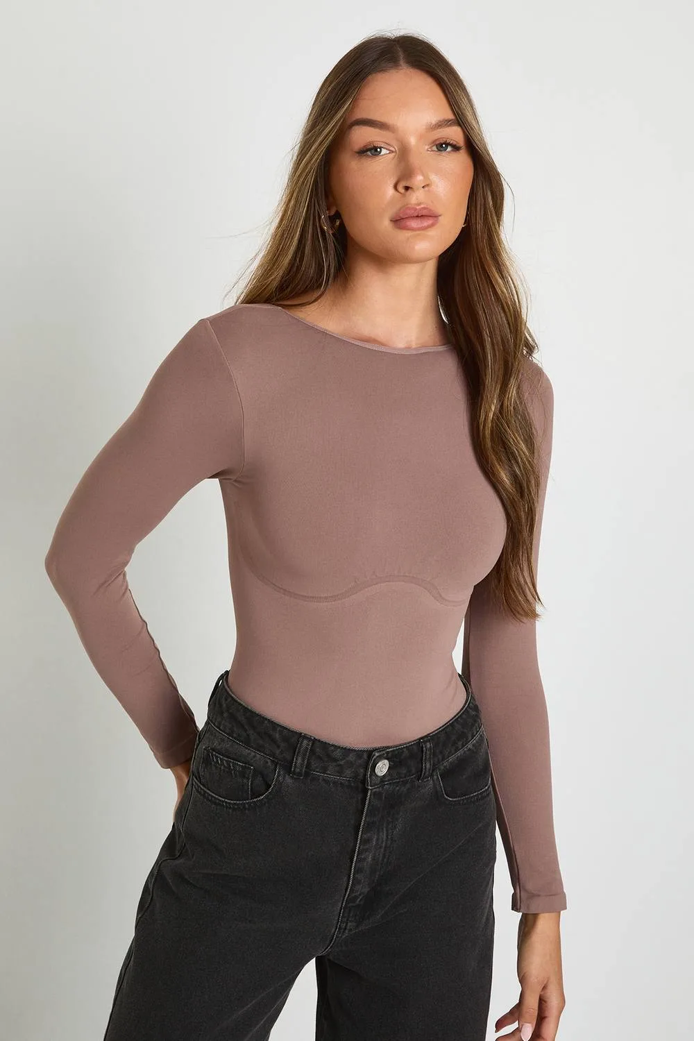 Seamless Crew Neck Long Sleeve Bodysuit by boohoo