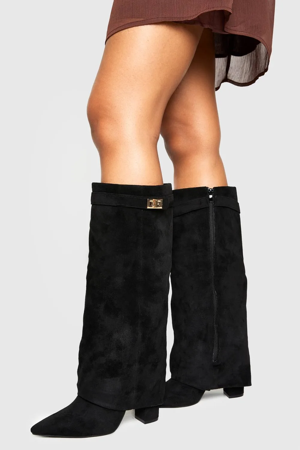 Faux Suede Fold Over Knee High Heeled Boots by boohoo