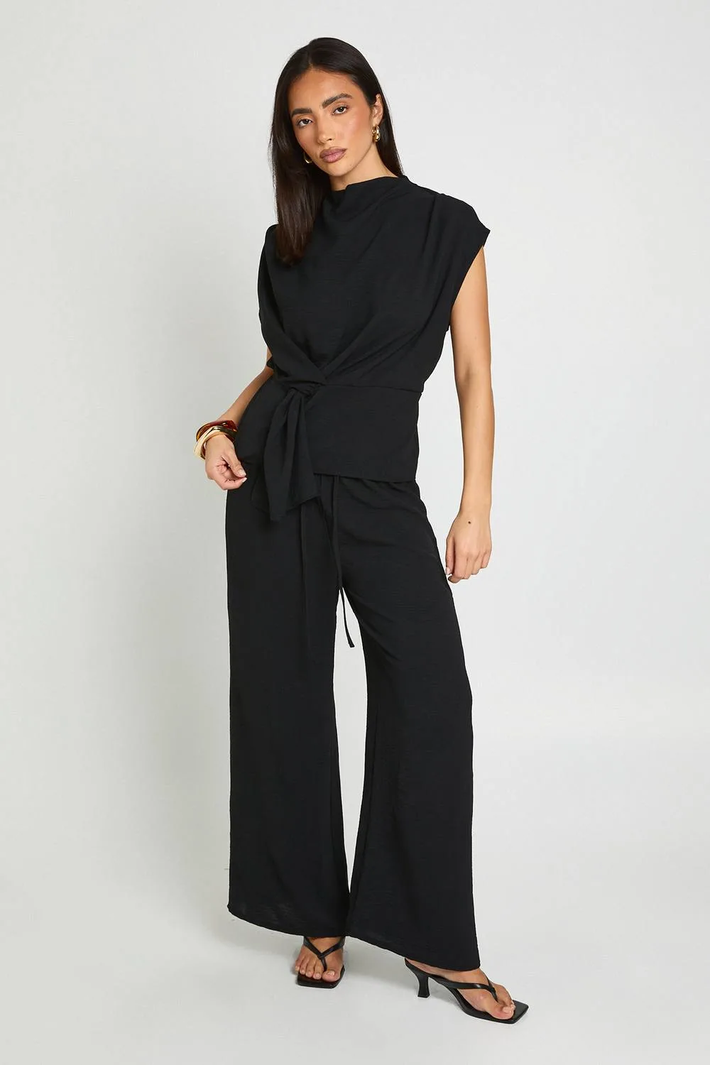 Hammered Knot Front Cowl Neck Blouse Wide Leg Trouser Co-Ord