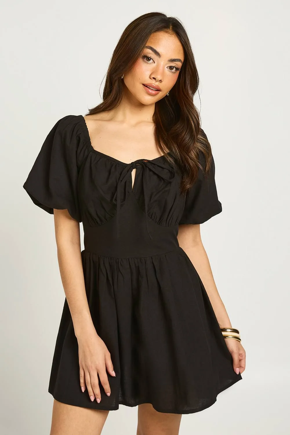 Linen Look Volume Sleeve Mini Dress by boohoo