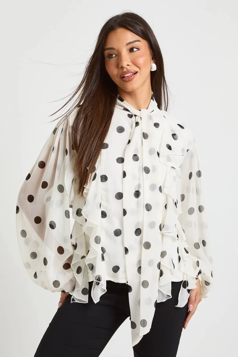 Polka Dot Chiffon Balloon Sleeve Blouse by boohoo