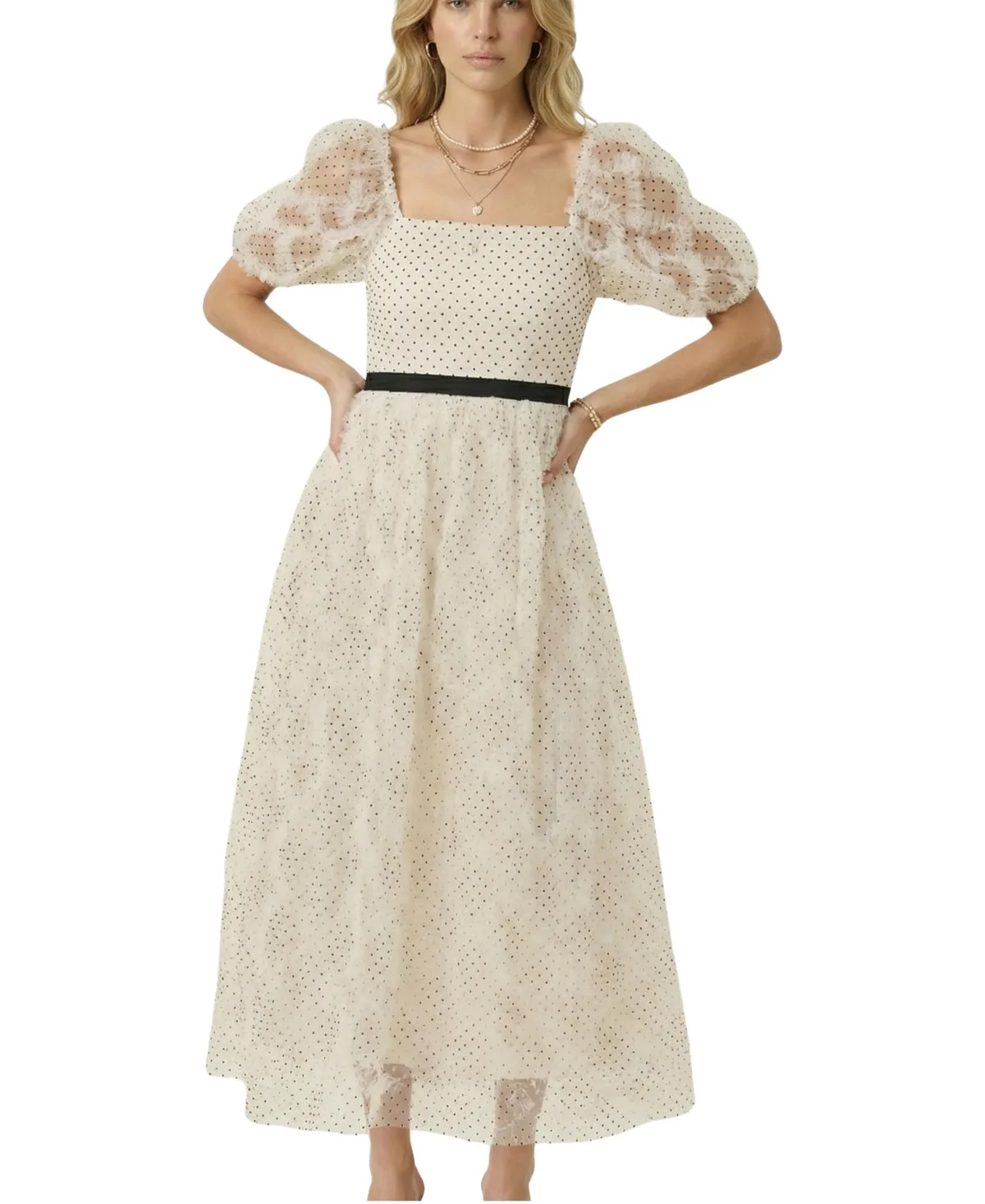 Embroidered Puff Sleeve Midi Dress by Modenaire