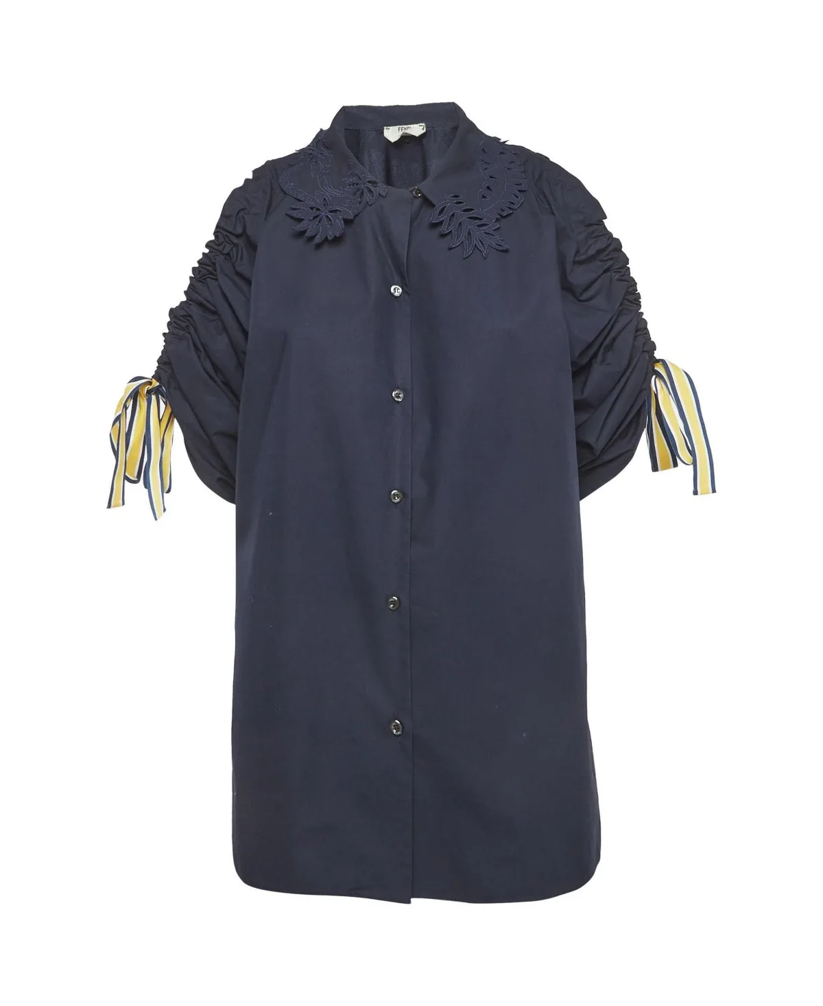 Pre-Owned Embroidered Collar Ruched Sleeve Cotton Shirt by FENDI