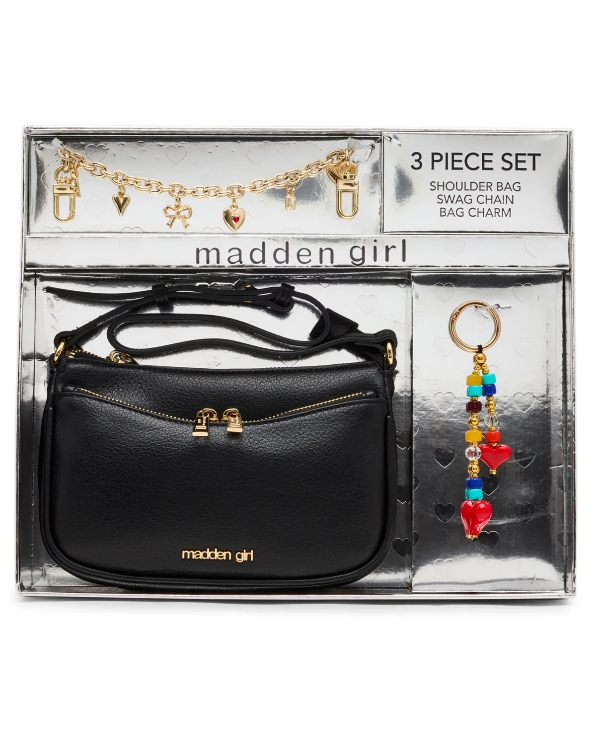 Faux Leather Shoulder Bag with Removable Swag Chain and Charm, 3-Piece Set by Madden Girl