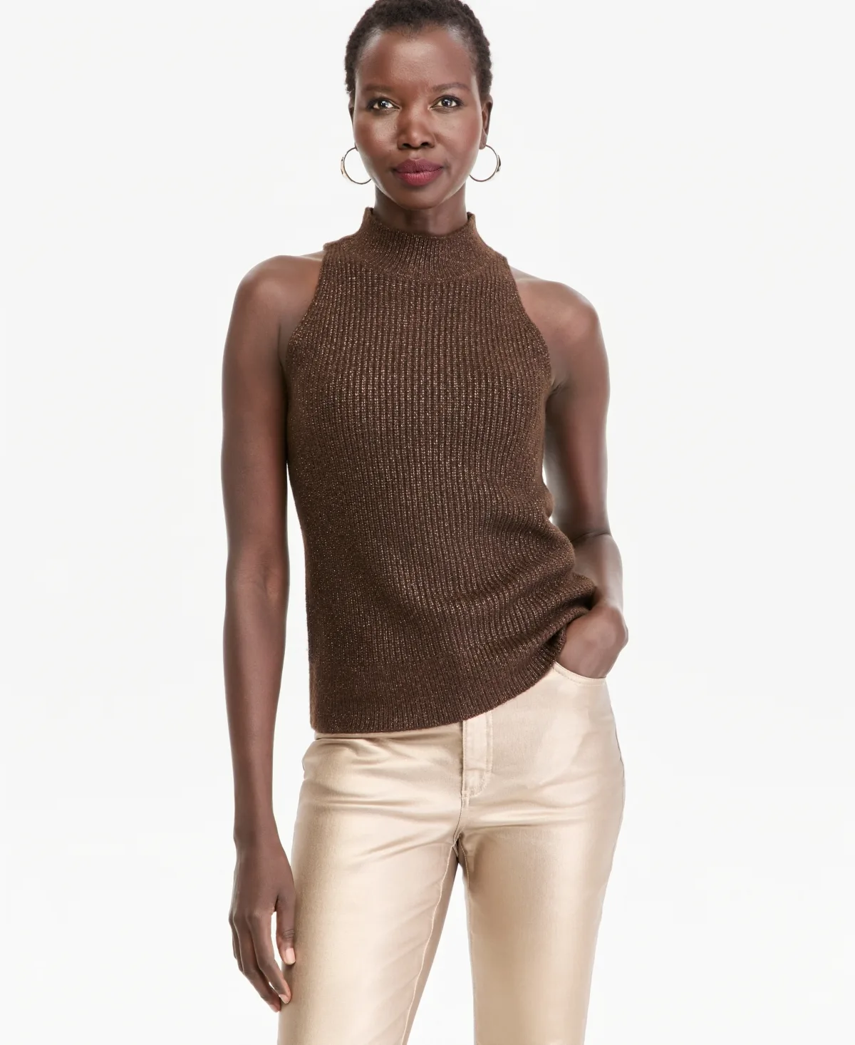 Sleeveless Mockneck Halter Metallic Knit Sweater by INC International Concepts
