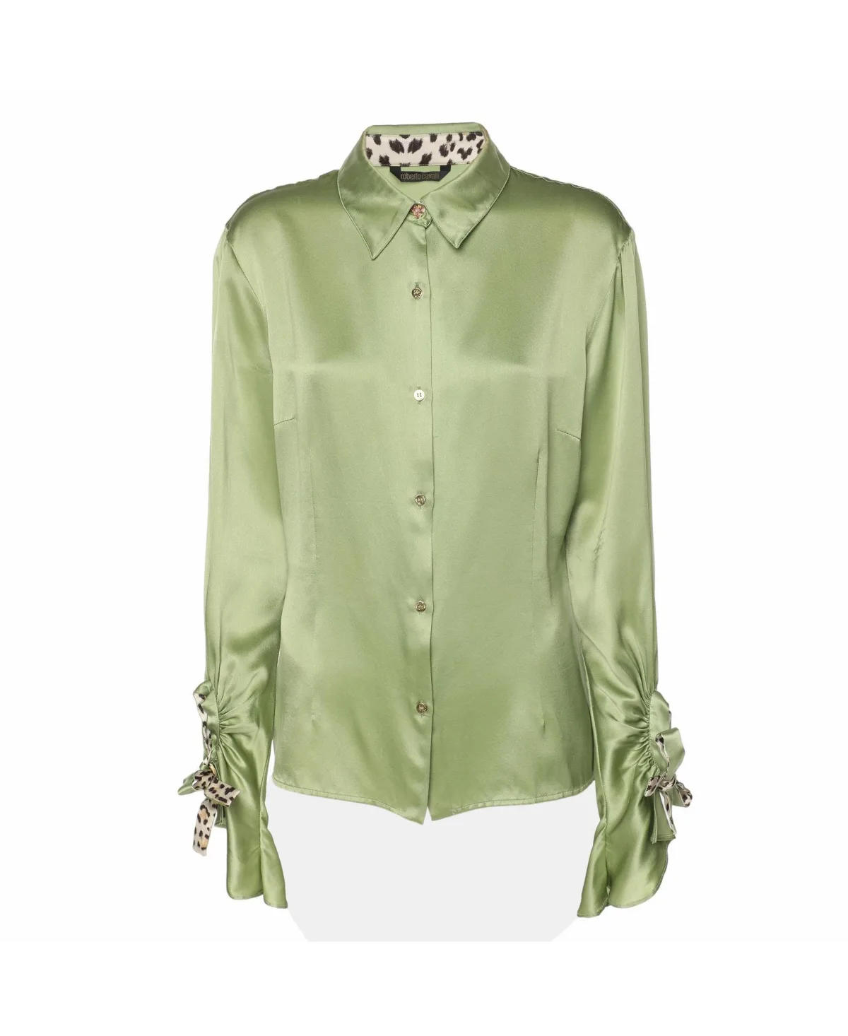 Pre-Owned Roberto Cavalli Leopard-Trim Satin Button-Down Shirt