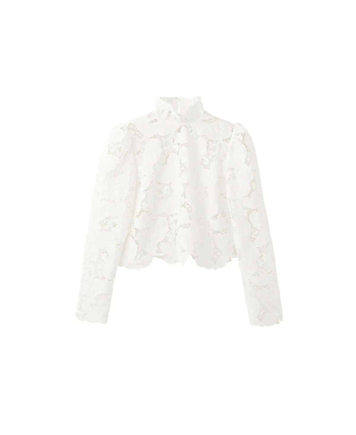 Band Collar Guipure Long-Puffed-Sleeve Blouse by Mango