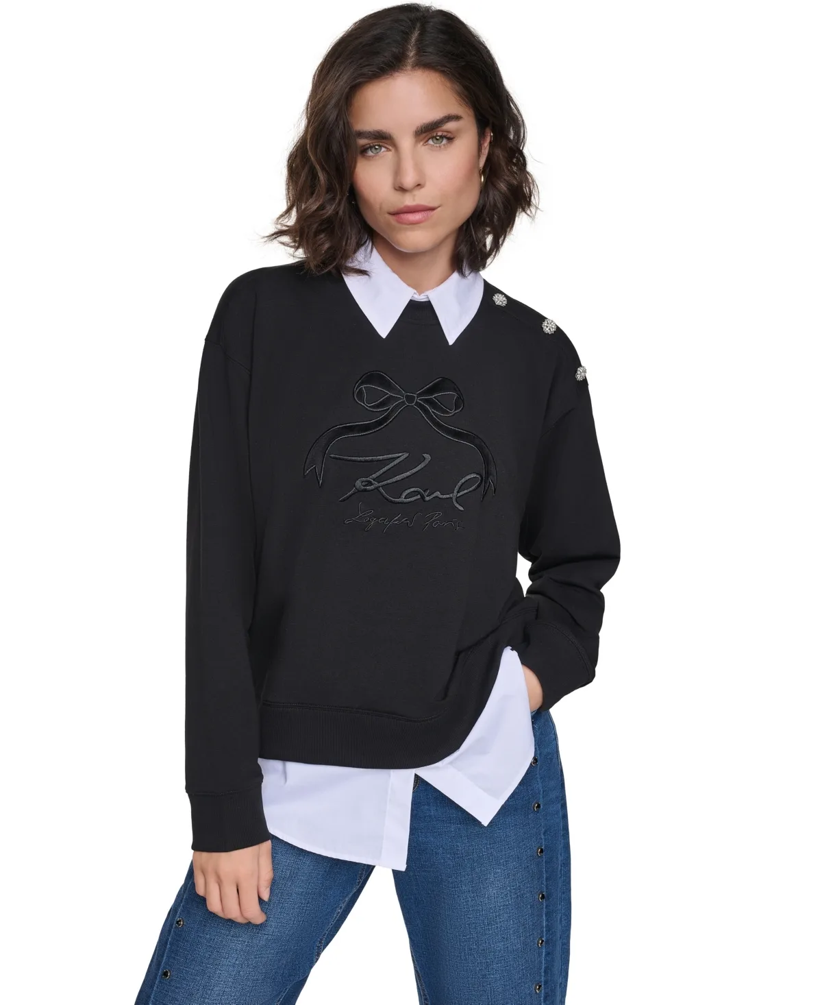 Paris Collared Twoffer Oversized Logo-Embroidered Sweatshirt by Karl Lagerfeld