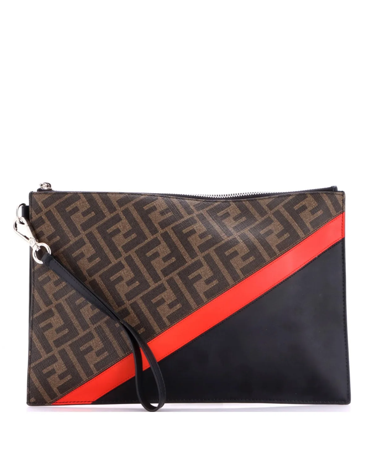 Pre-Owned Medium Zip Flat Wristlet Pouch Zucca Coated Canvas and Leather by FENDI