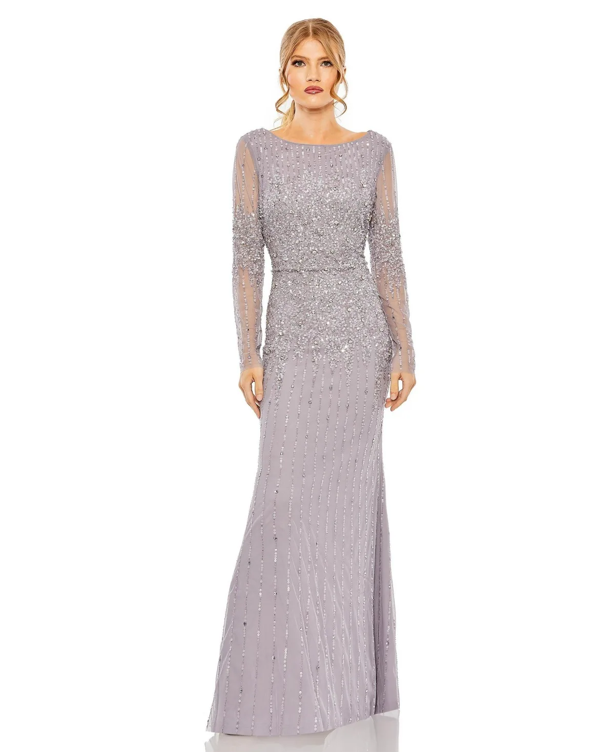 Mac Duggal High Neck Sequin Embellished Long Sleeve a Line Gown by M.A.C.