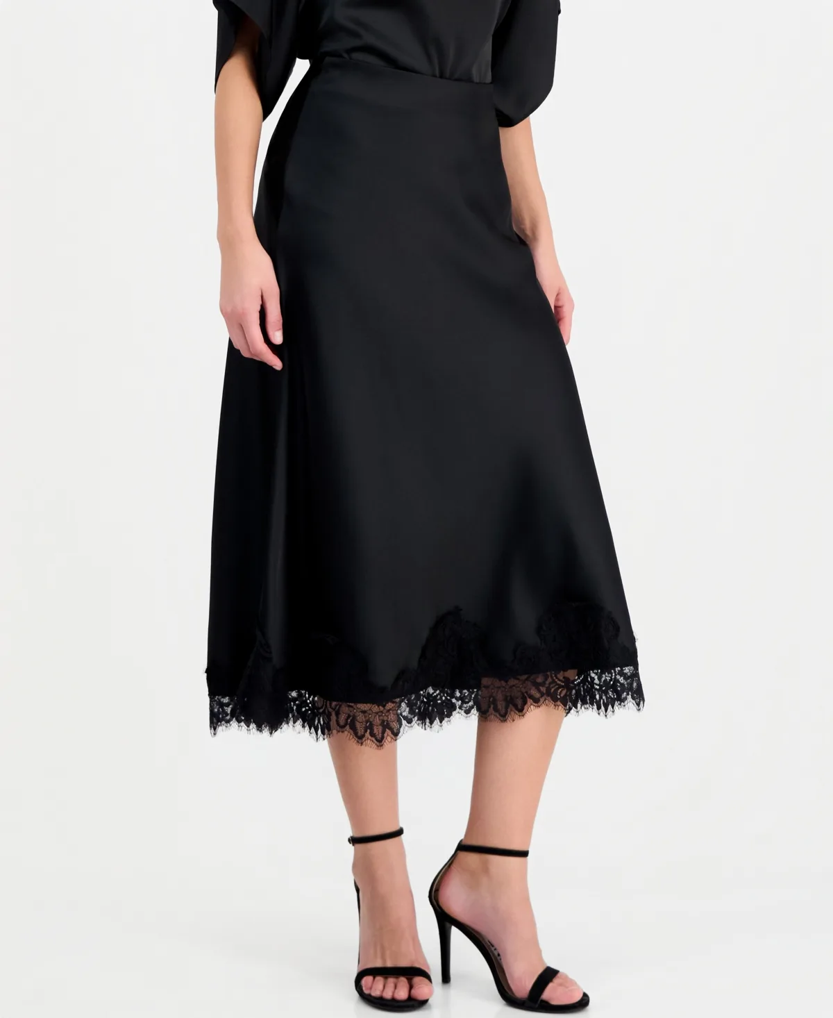 Lace-Trim Midi Satin Skirt