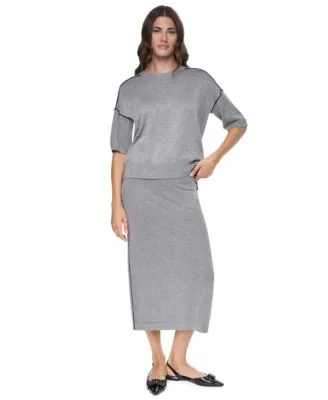 Short Sleeve Pointelle Mesh Contrast Trim Sweater Pointelle Mesh a Line Pull on Skirt by DKNY