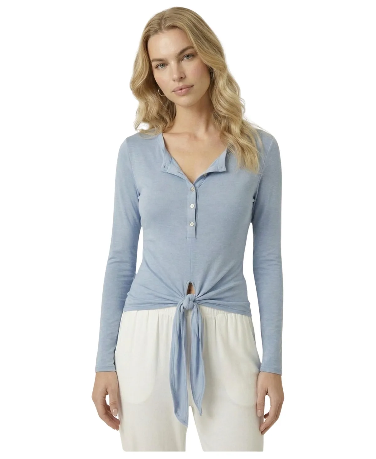 Long Sleeve Henley Front-Tie Top by Modenaire