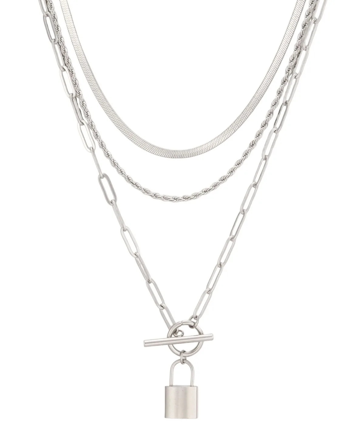 Silver-Plated Stainless Steel Padlock Multi-Strand Necklace by Adornia