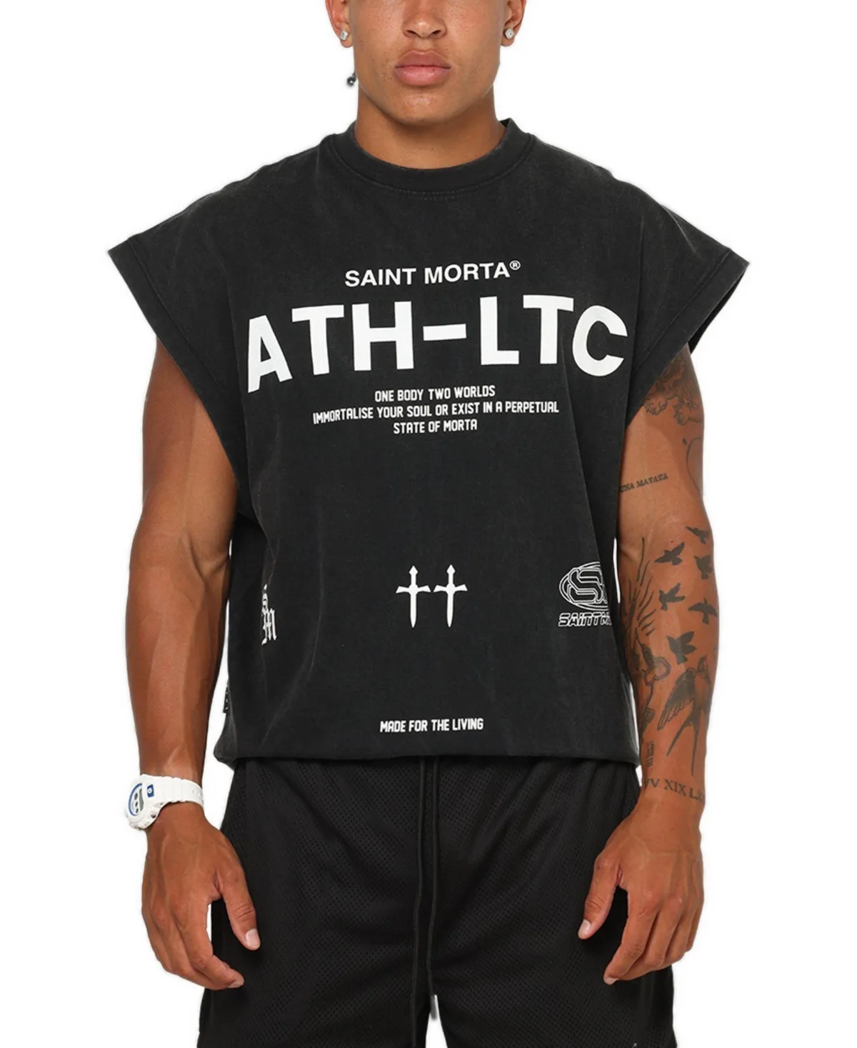 Athletic Cut-Off Sleeveless Graphic Vintage Wash T-Shirt by Saint Morta