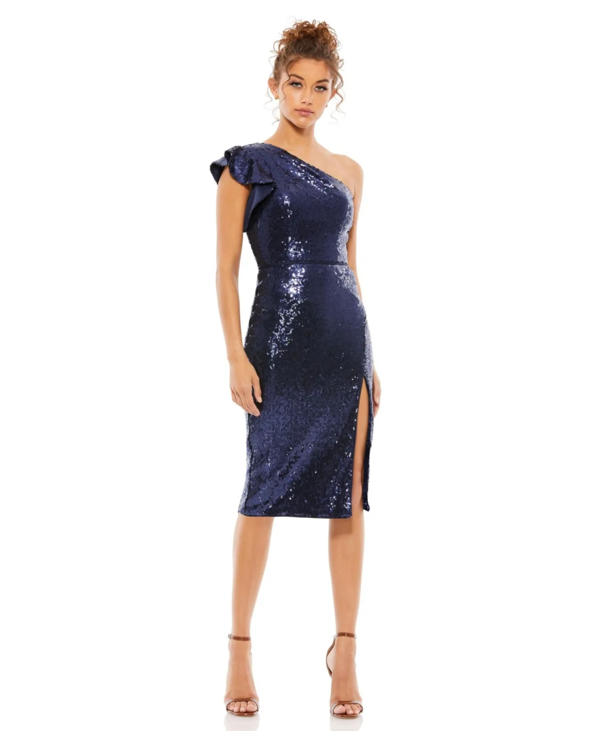 Sequined Flutter One Shoulder Fitted Midi Dress by M.A.C.