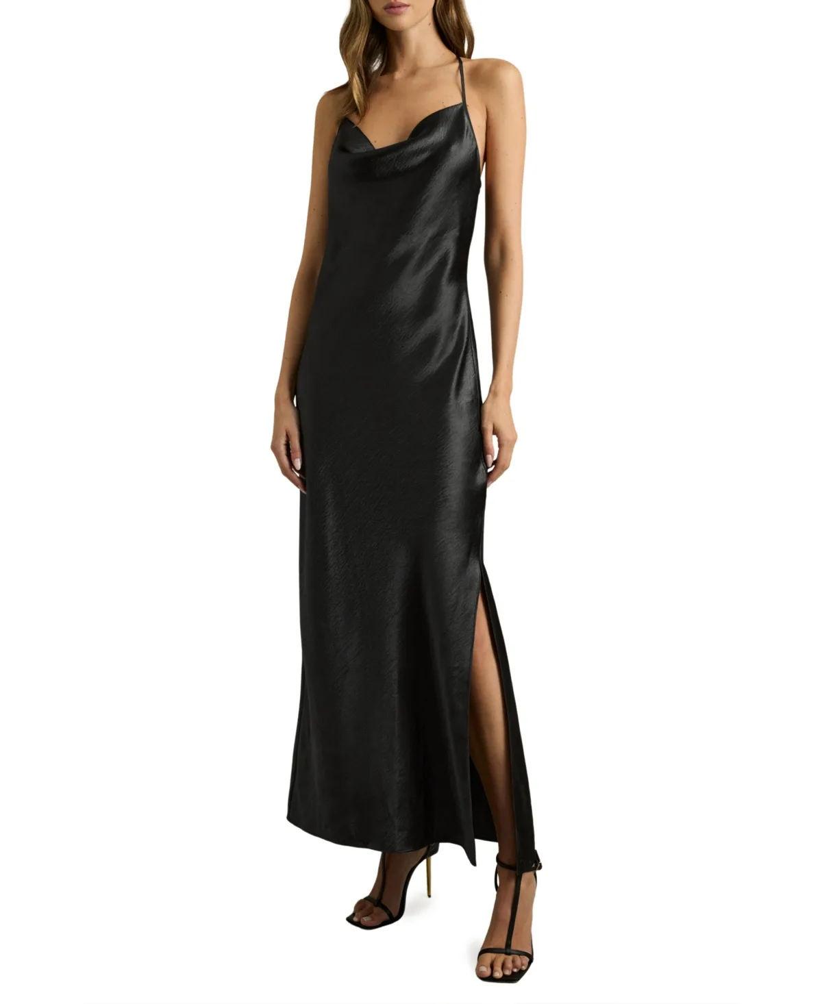 Metallic Cowl Slip Satin Side-Slit Dress