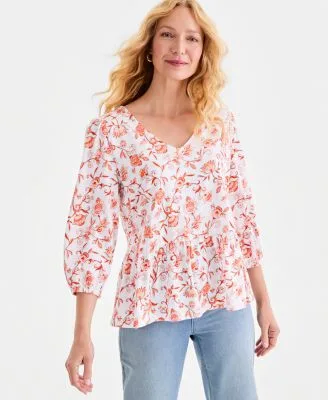 Printed 3/4 Sleeve V Neck Peplum Top by Style & Co