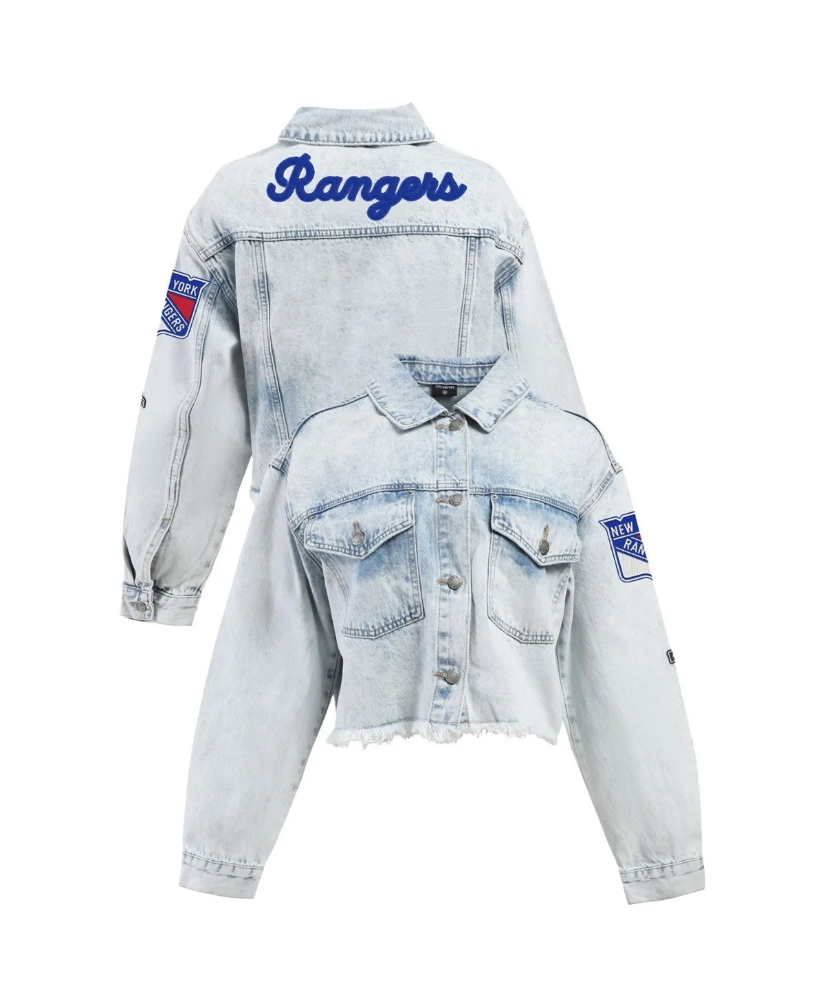 New York Rangers Cropped Raw-Edge Denim Jacket by Hype and Vice