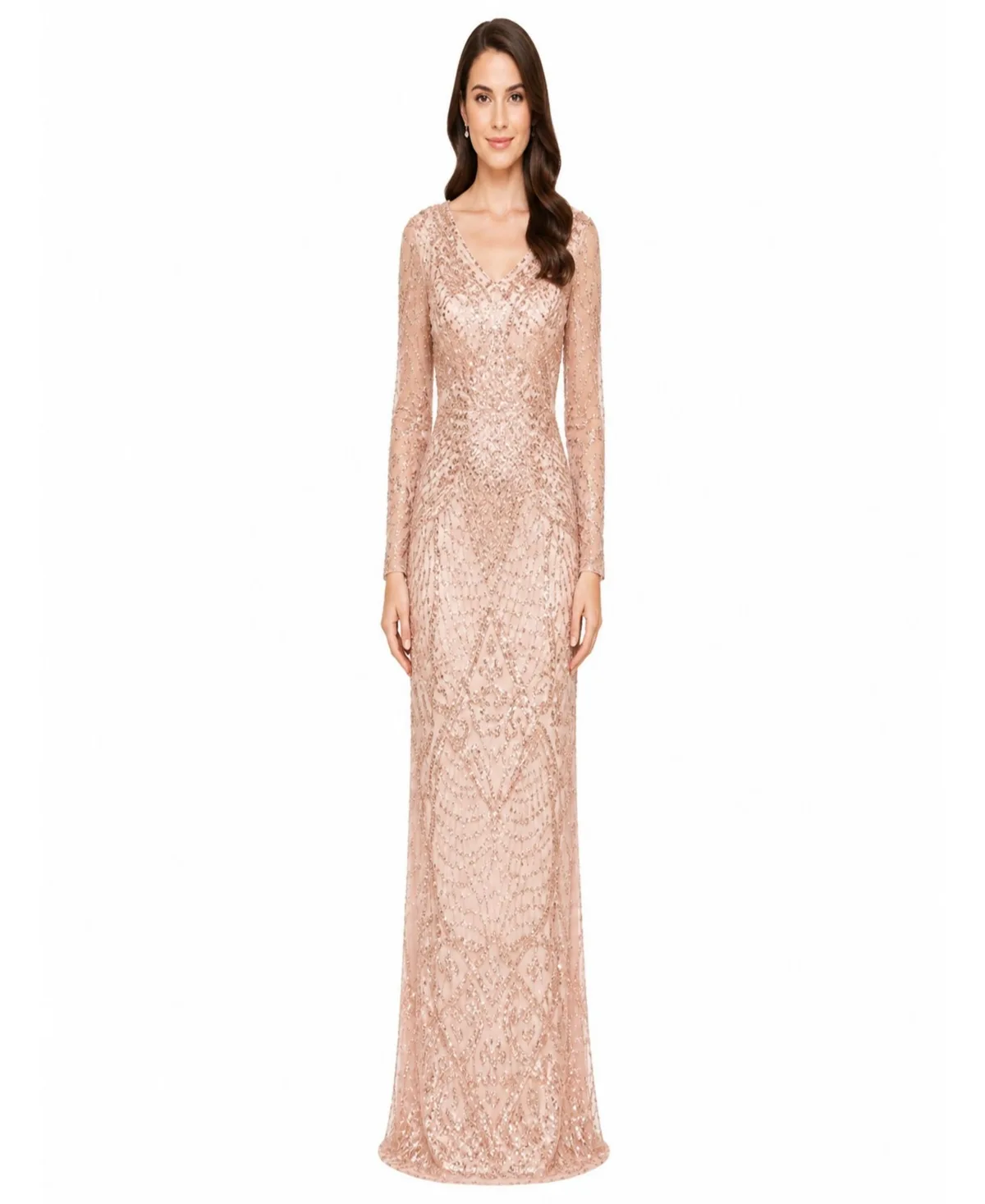 Beaded Long Sleeve V-Neck Gown by Lara