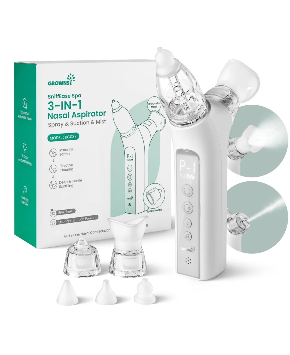 SniffEase Spa 3-In-1 Rechargeable BPA-Free Nasal Aspirator by Grownsy