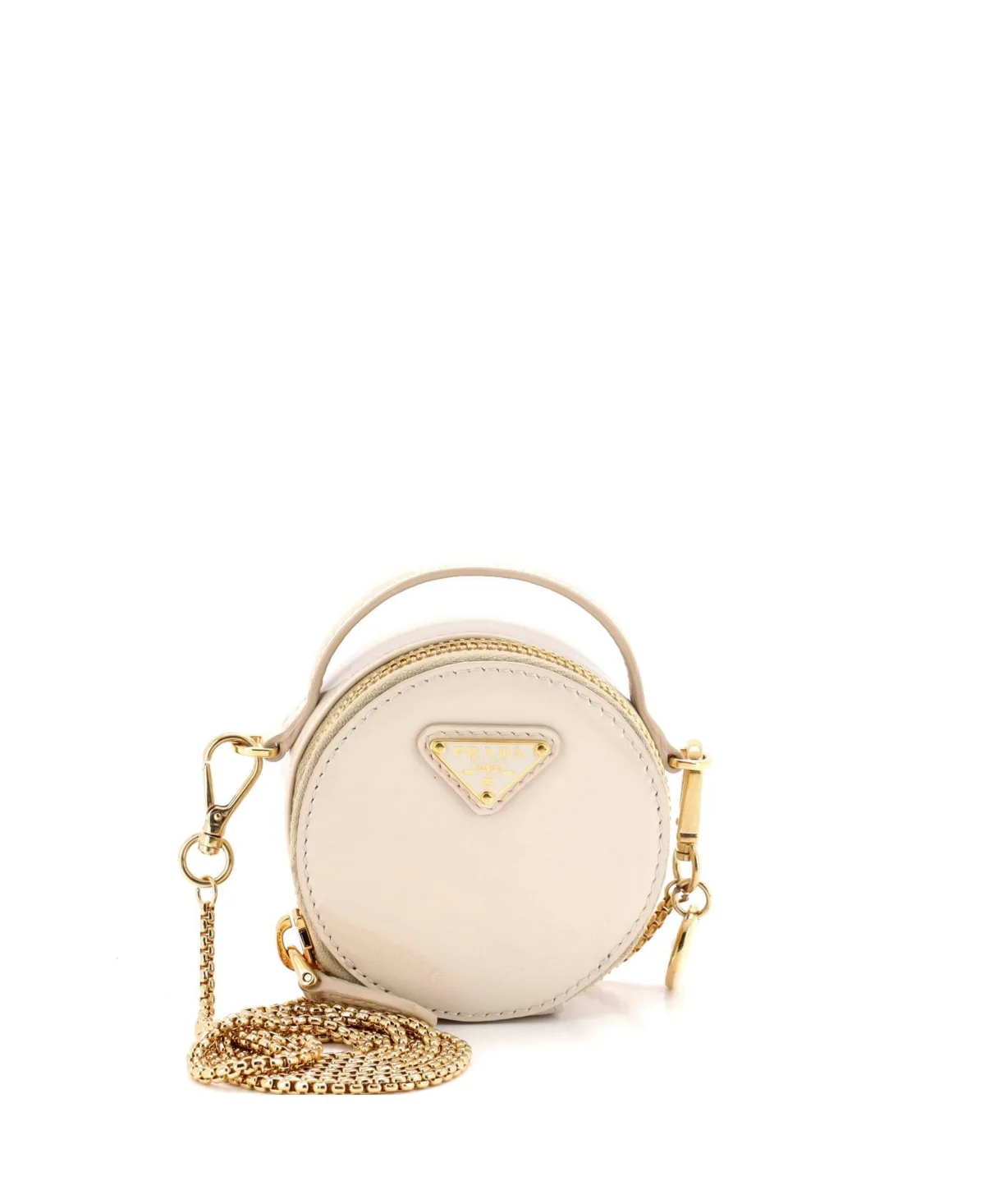 Mini Top Handle Round Clutch with Chain Patent by Prada