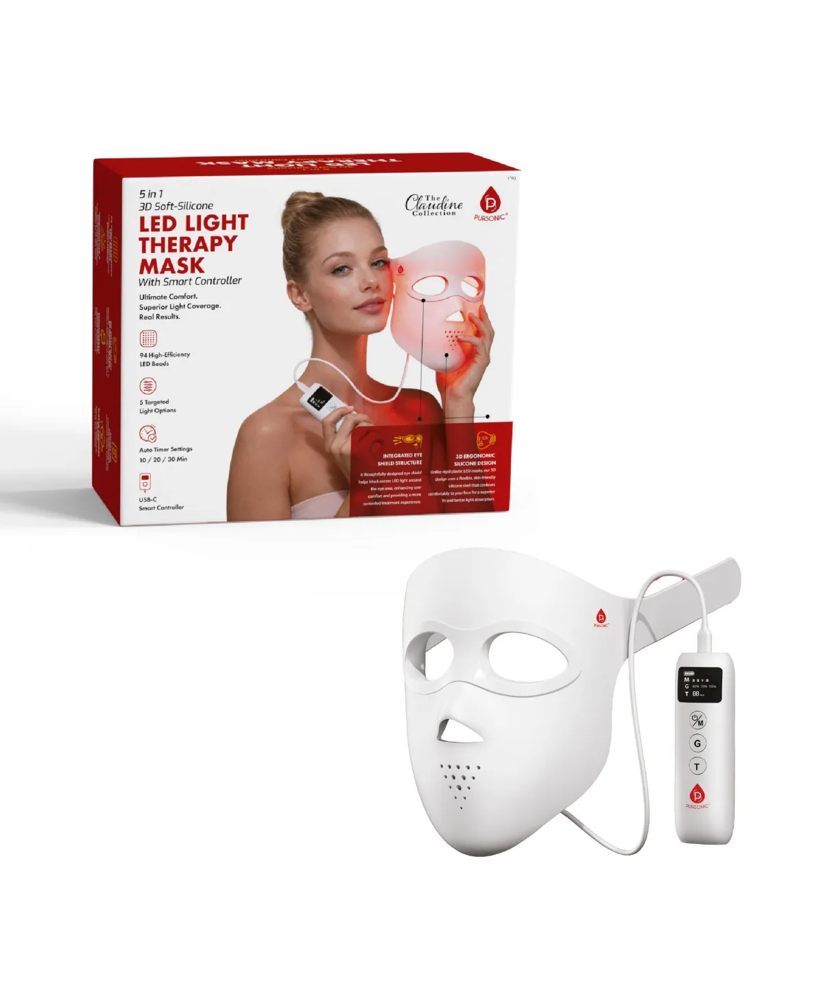 3D Soft-Silicone Led Light Therapy Mask with Smart Controller by Pursonic