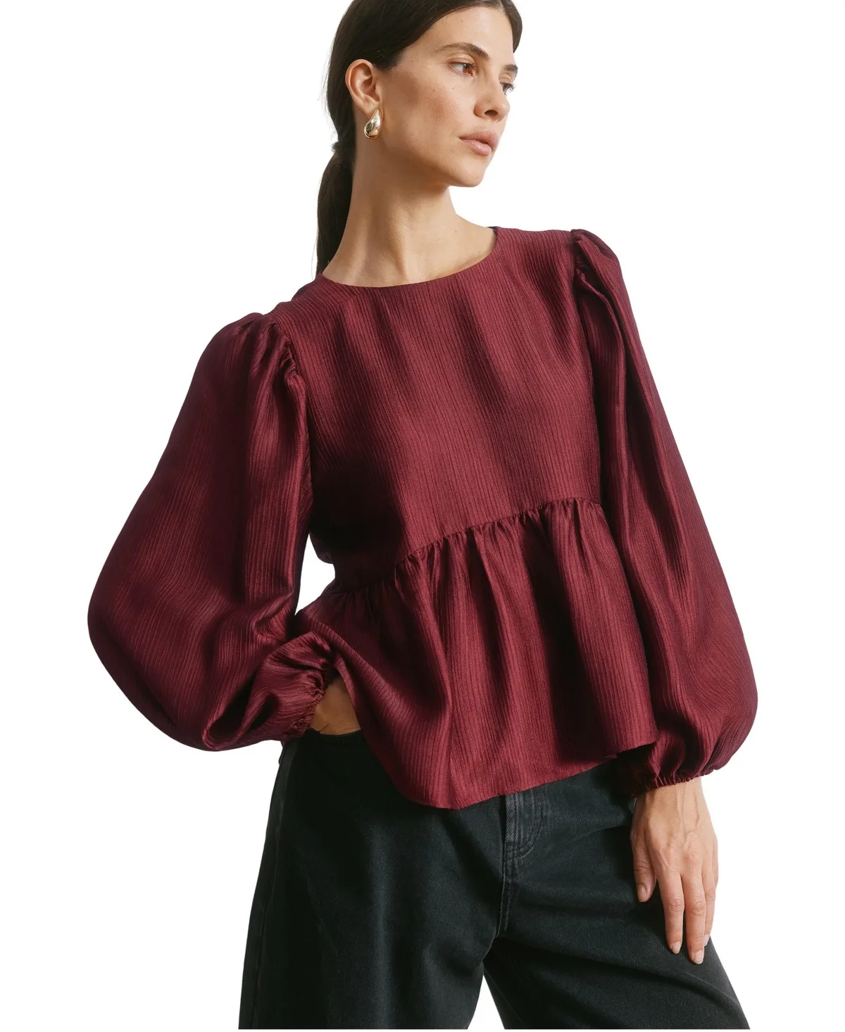 Crinkle Peplum Blouson-Sleeve Blouse by Albaray