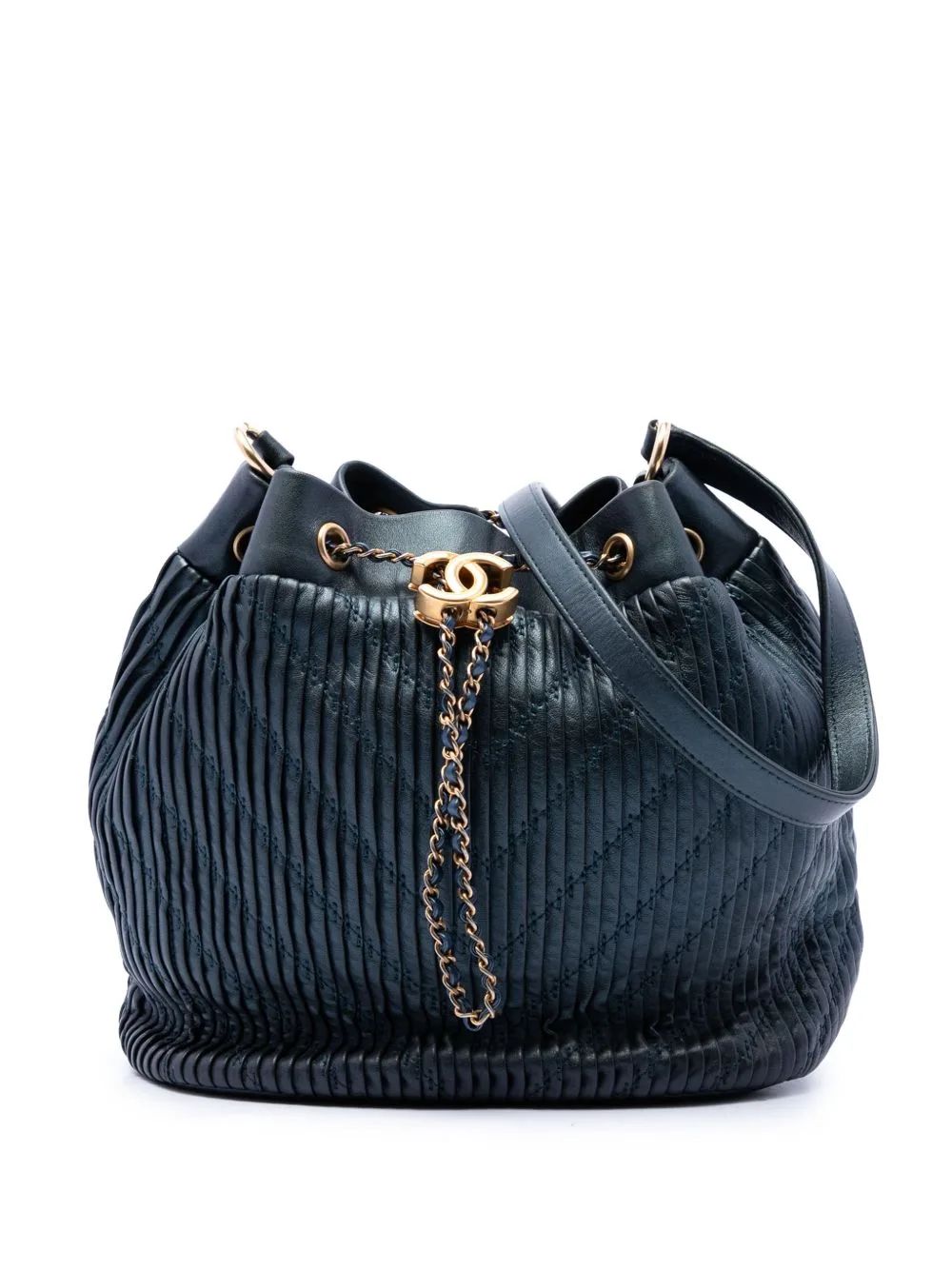2018 Small Crumpled Calfskin Coco Pleats Drawstring Bucket Bag by CHANEL Pre-Owned
