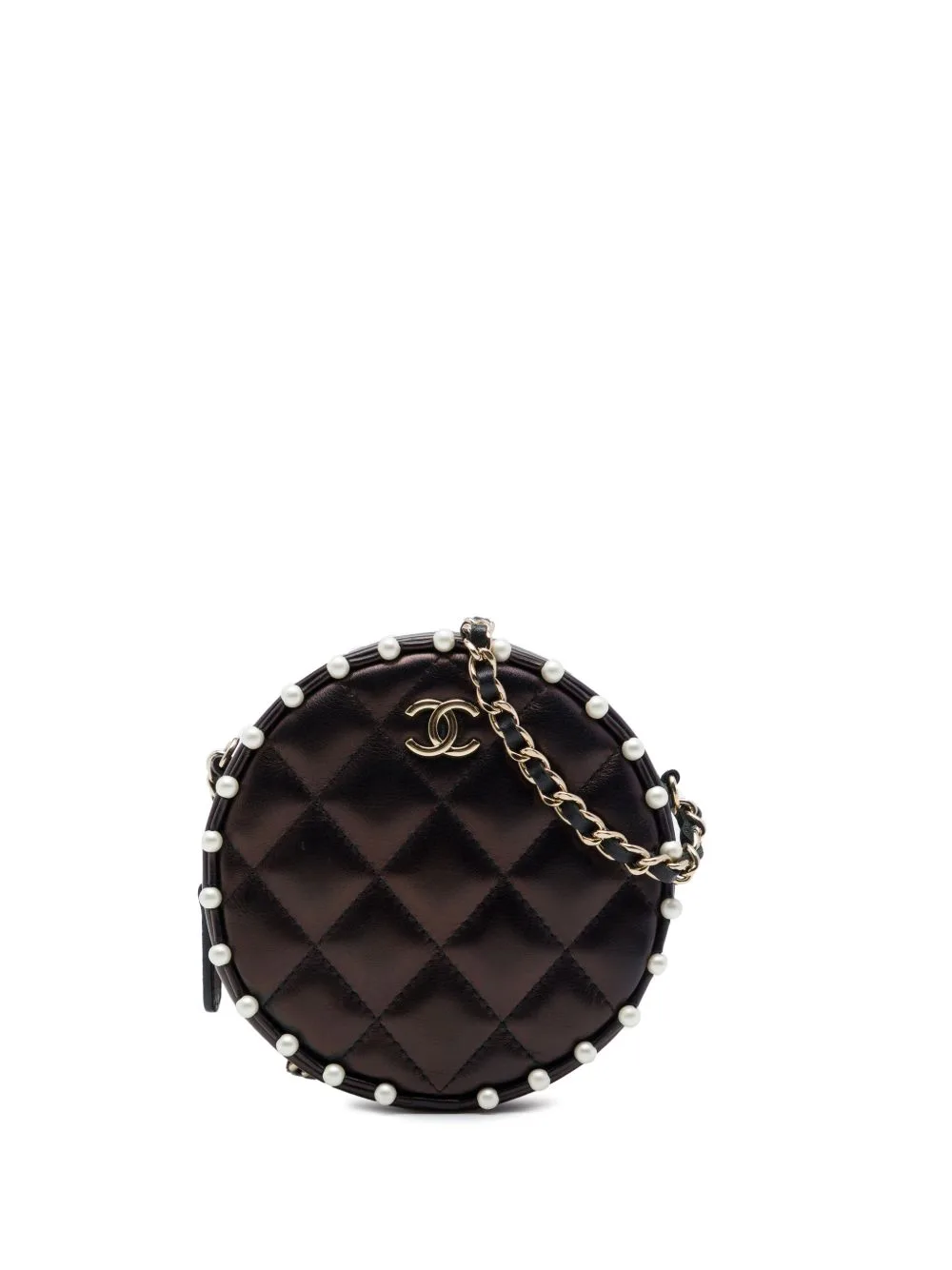 2019 CC Quilted Metallic Lambskin Pearl Studded Round Clutch with Chain Crossbody Bag by CHANEL Pre-Owned