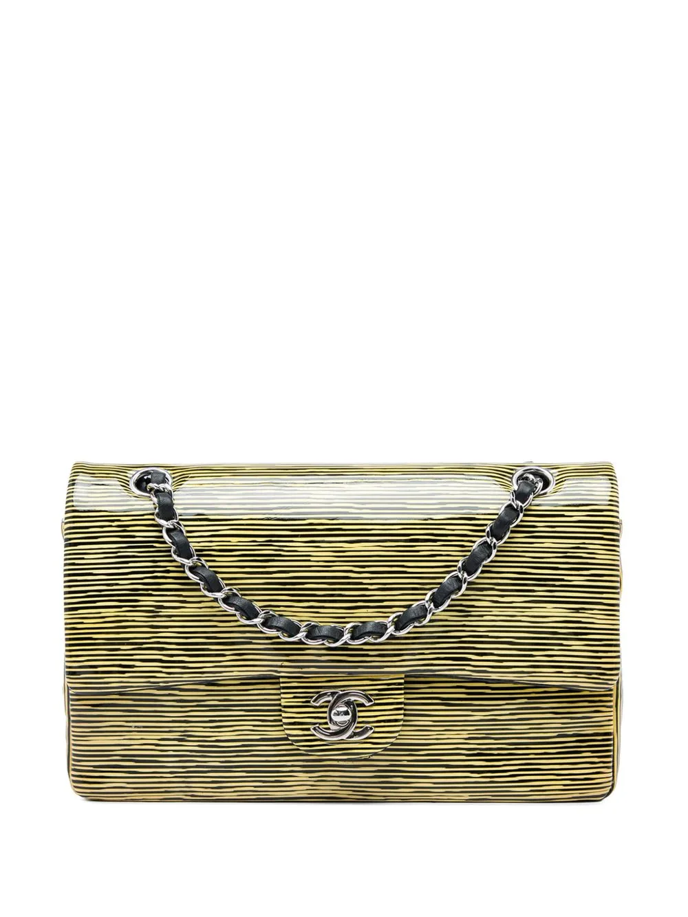 2014 Medium Classic Patent Striped Double Flap Shoulder Bag by CHANEL Pre-Owned