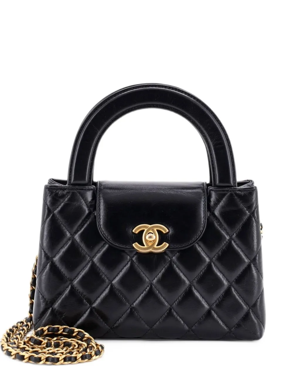 Kelly Top Handle Shopping Bag Quilted Shiny Aged Calfskin Mini Satchel