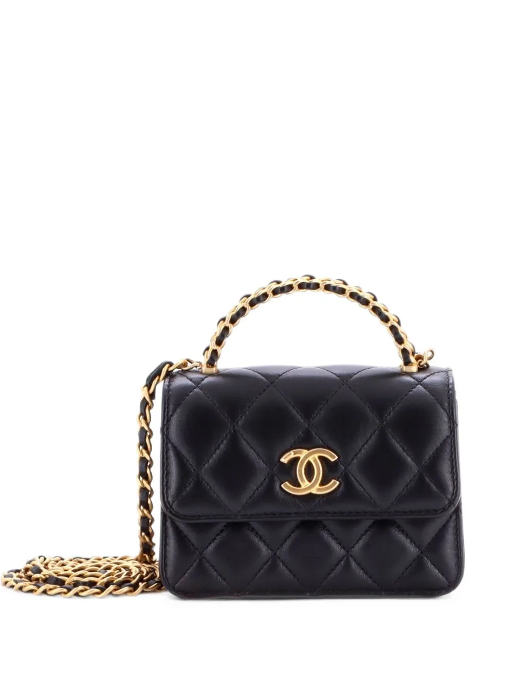 Woven Top Handle CC Flap Clutch on Chain Quilted Lambskin Small Satchel