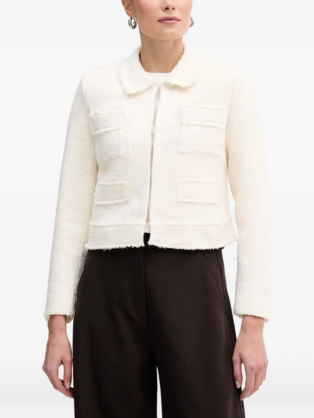 Bouclé-Texture Frayed-Edge Jacket by Morgan