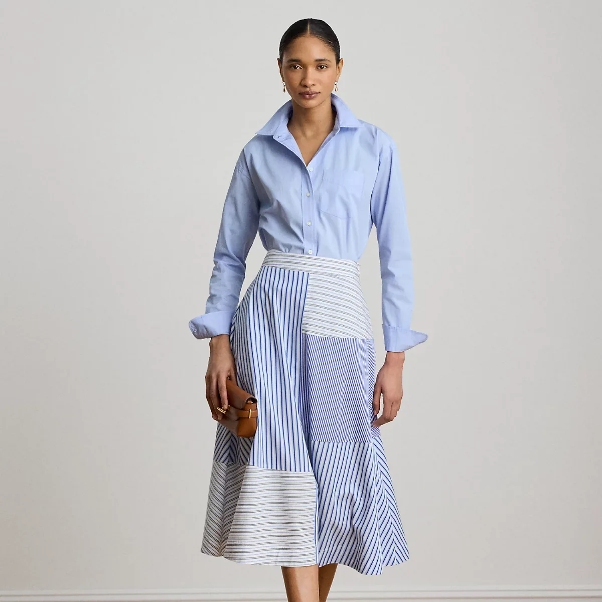 Patchwork-Striped Broadcloth Midi Skirt by Lauren Ralph Lauren