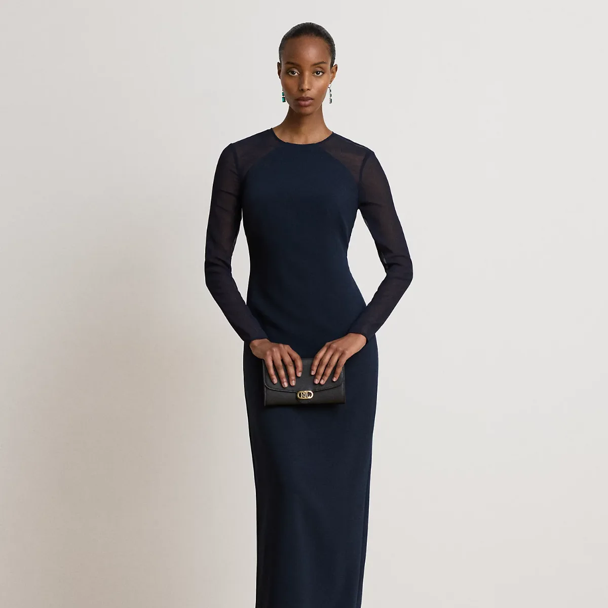 Georgette-Trim Crepe Long-Sleeve Gown
