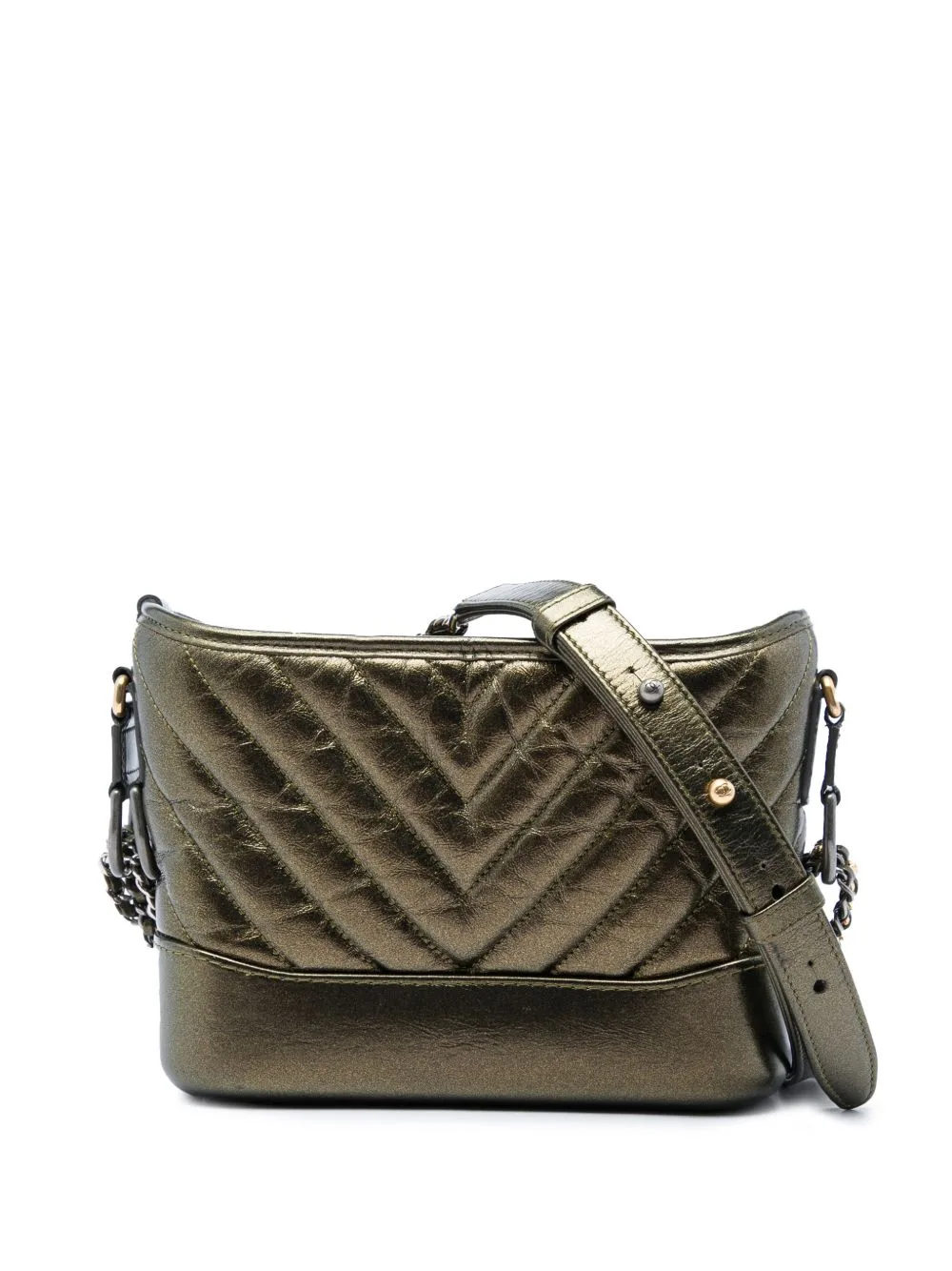 2019 Small Chevron Quilted Metallic Aged Calfskin Gabrielle Crossbody Bag by CHANEL Pre-Owned