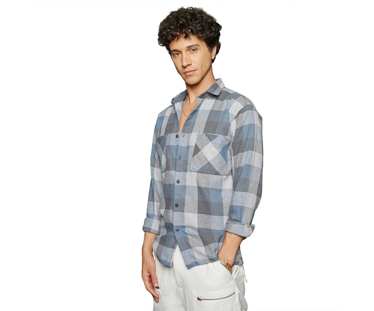 Icy Blue & Ash Grey Checkered Utility Shacket by Campus Sutra
