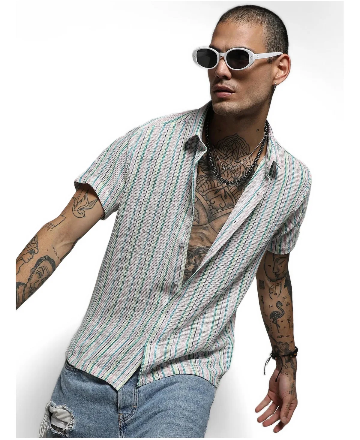 Pink & Green Unbalanced Striped Woven Shirt