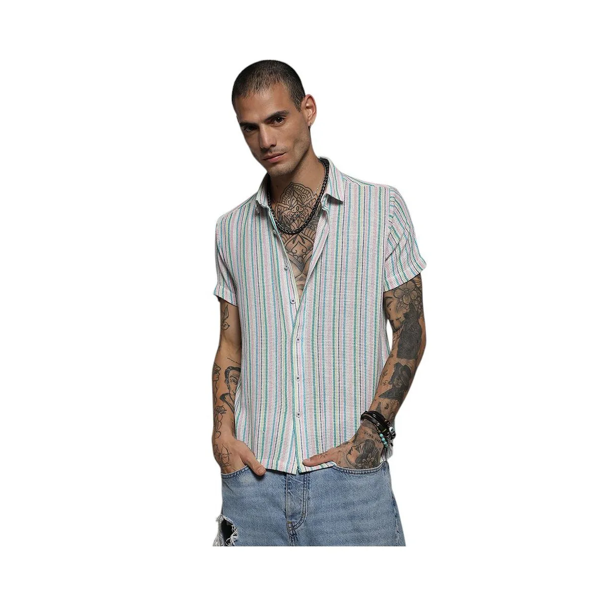 Pink & Green Unbalanced Striped Woven Shirt by Campus Sutra